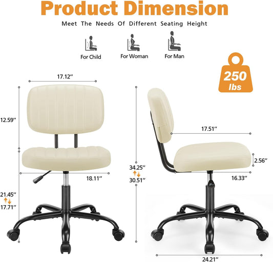 Small Office Desk Chair - Armless PU Leather with Comfy Lumbar Support, Height Adjustable Rolling Swivel Task for No Arms, for Adult, Student, Bedroom, Home, Vanity, Beige White