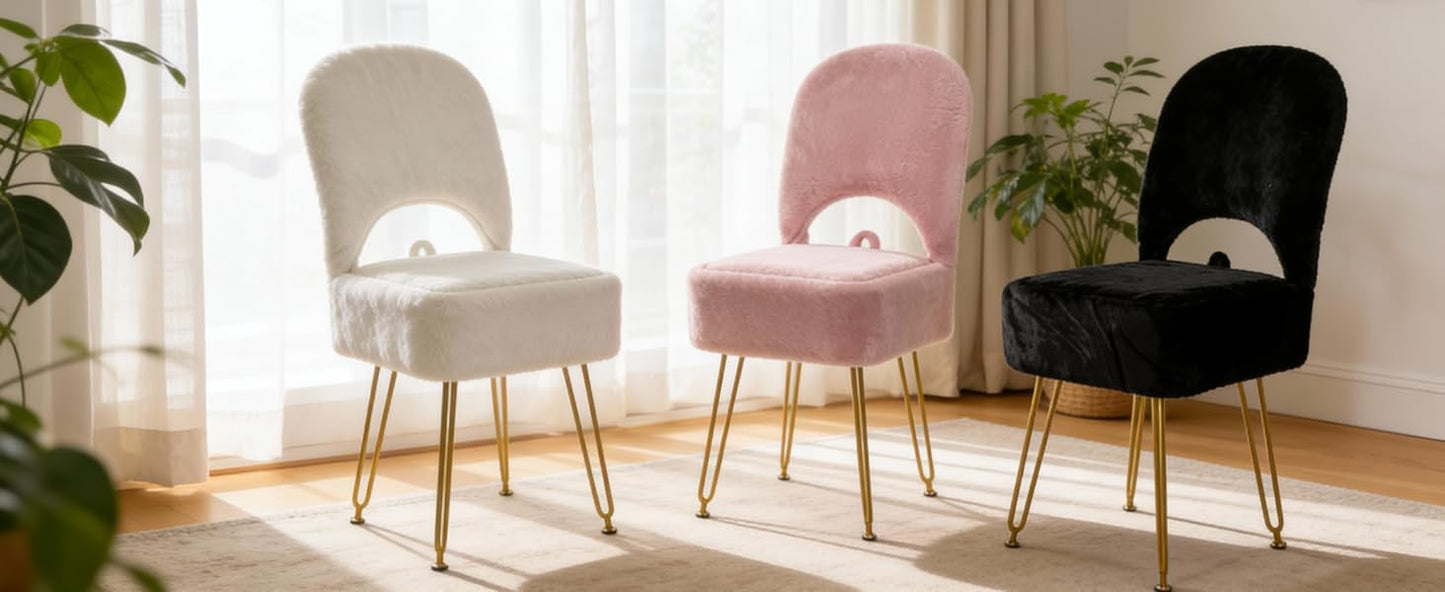 New Upgrade Small Vanity Chair with Storage and Folding Back, White Vanity Stool wiht Ergonomic Backrest and Metal Legs, Furry Padded Ottoman for Makeup Room, Bedroom