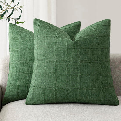 Foindtower Set of 2 Decorative Linen Check Throw Pillow Covers Neutral Farmhouse Vintage Cushion Covers Modern Boho Home Decor for Sofa Chair Couch Bedroom Living Room,18×18 Inch,Natural Beige