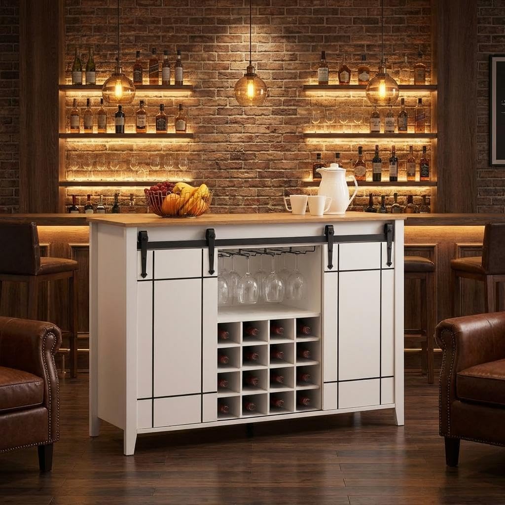 GAOMON Farmhouse Coffee Bar Cabinet 47", Buffet Cabinet with Sliding Barn Door, Coffee Bar with 4 Glass Hooks and 16 Wine Racks for Kitchen, Dining and Living Room, White