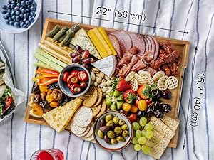 22 Inches Acacia Wood Serving Tray with Metal Handles, Large Wooden Rectangle Ottoman Tray, Decorative and Durable Design for Living Room Coffee Table Couch Kitchen