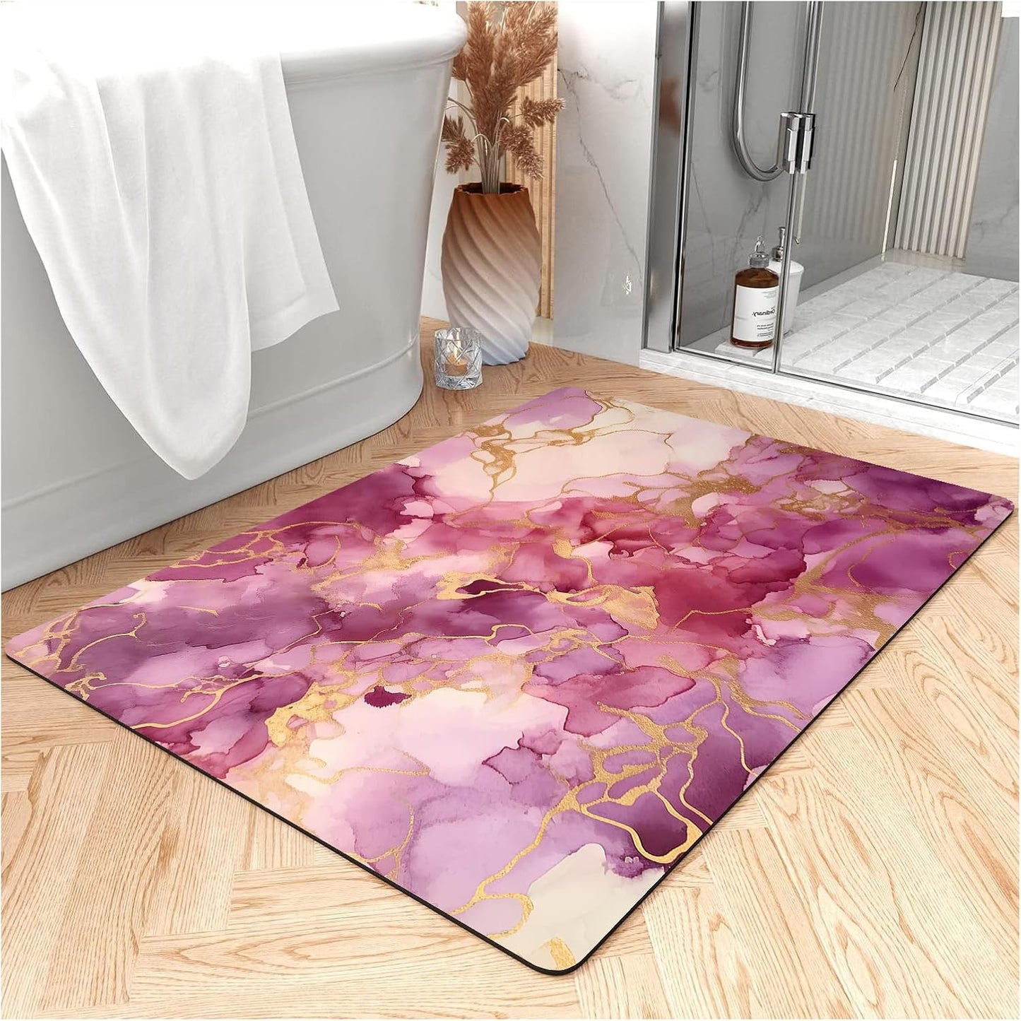 Fast Drying Thin Bath Mat Bathtub Mat | Diatomite Bathmat with Absorbent and Non-Slip Surface Easy to Clean | Colorful Marble Texture Bathroom Rug (3x5ft/36x60in/90x150cm, Pink/Medium Purple)