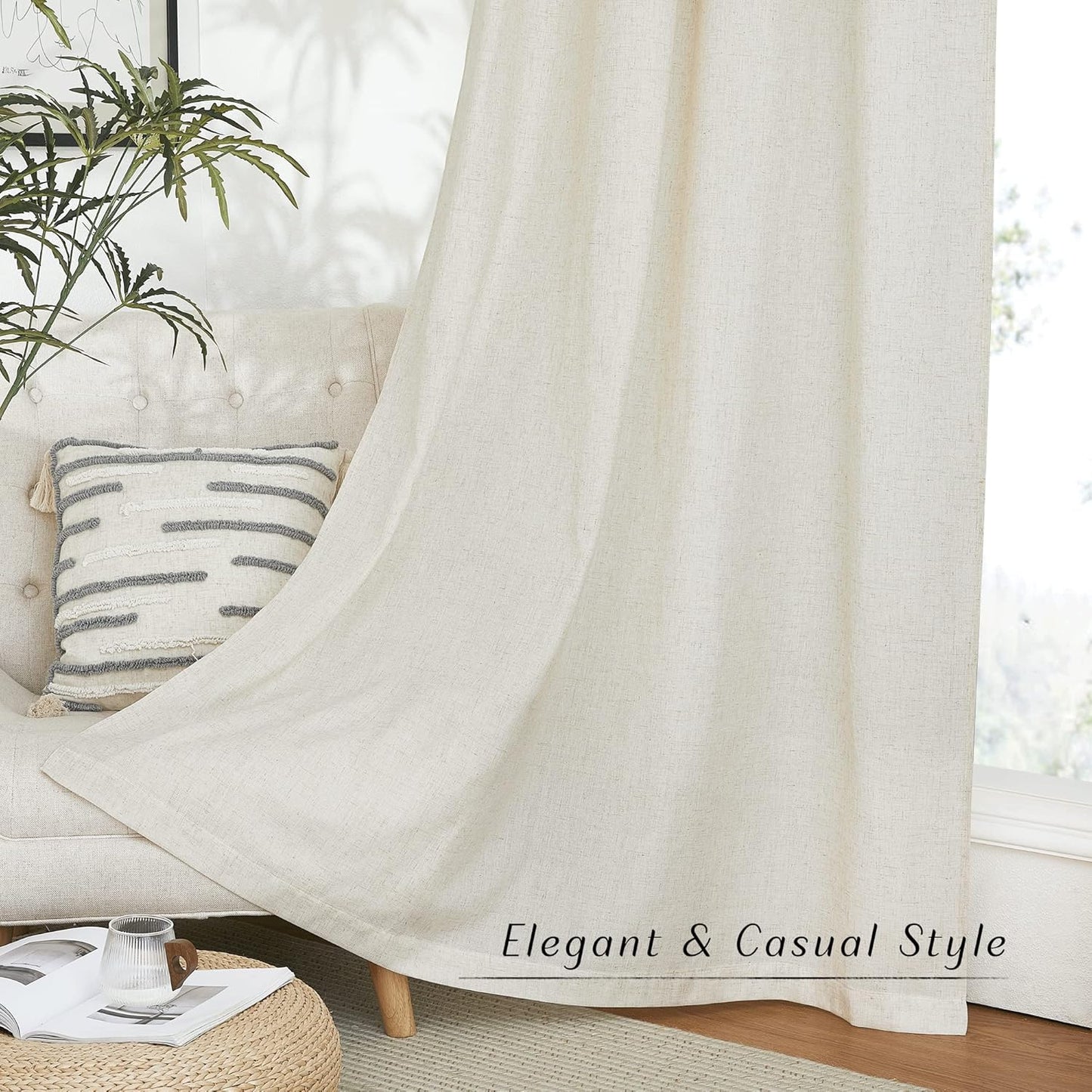 Natural Linen Curtains 84 inch Long 2 Panels Set, Grommet Top Thick Linen Burlap Semi Sheer Vertical Drapes Privacy Assured with Light Filtering for Bedroom/Living Room, W55 x L84