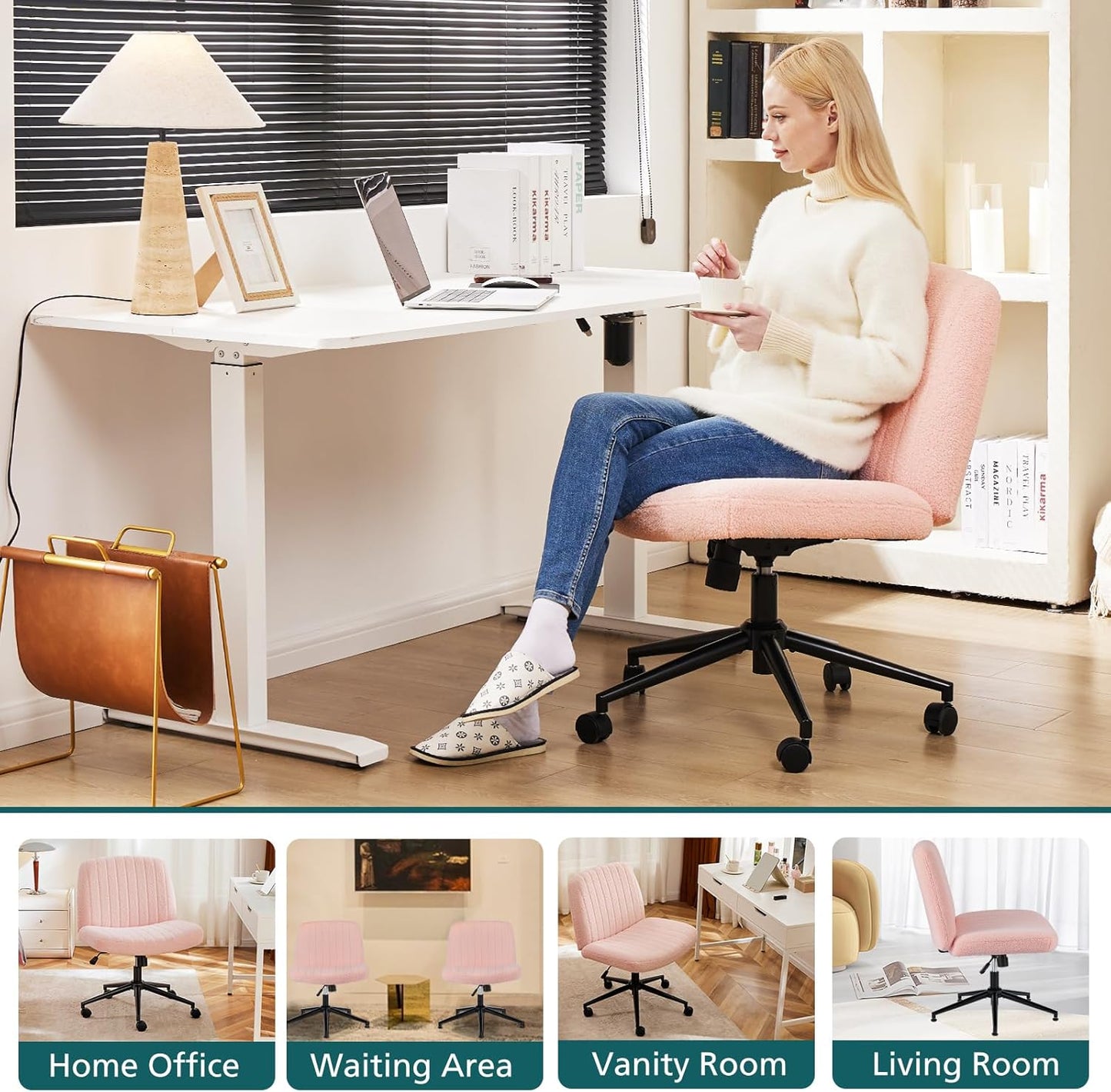 Criss Cross Chair with Wheels Wide Cross Legged Office Desk Vanity Chair Comfy Fabric Armless Adjustable Swivel for Home Computer Task Teddy Pink