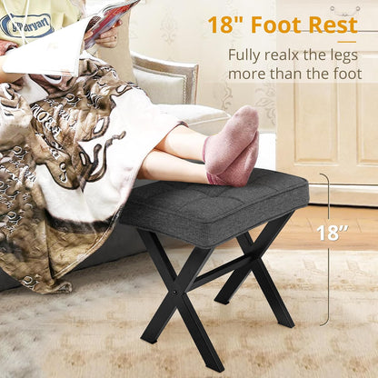 Vanity Stool, Square Linen Makeup Stool with Metal X Legs, Small Ottoman Stool Chair for Vanity, Modern Padded Vanity Seat Foot Rest Stool for Makeup Room, Living Room, Bathroom, Carbon Gray
