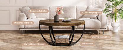 Tribesigns Round Coffee Table, 31.7" Wooden 2-Tier Circle Coffee Table with Storage Shelves, Modern Accent Cocktail Table Center Table for Living Room, Rustic Brown