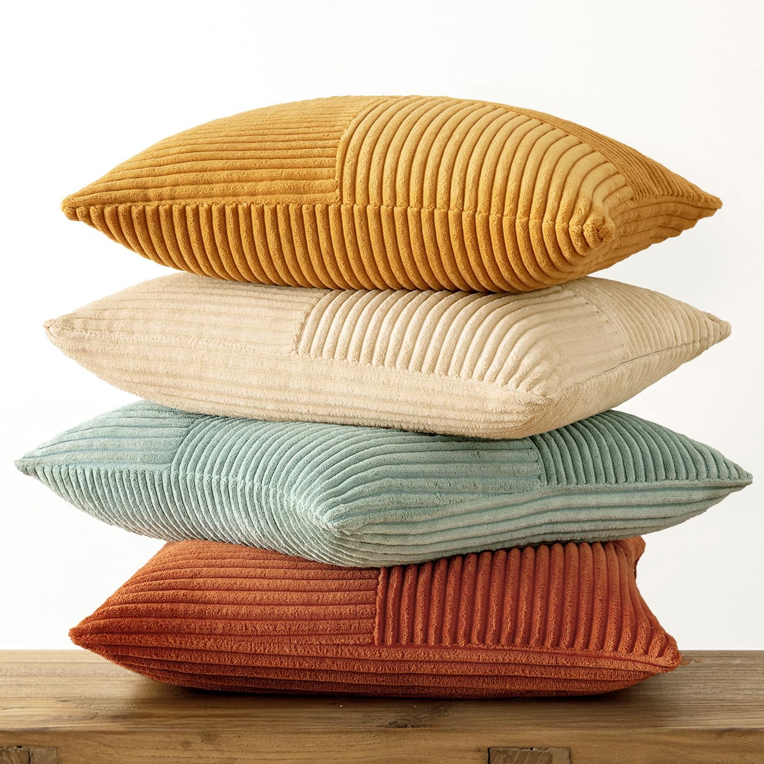 MIULEE Teal Orange Decorative Throw Pillow Covers 18x18 Inch Set of 4 Boho Corduroy Striped Cushion Cases Modern Farmhouse Patchwork Pillow Cases for Couch Sofa Bedroom Home Decor