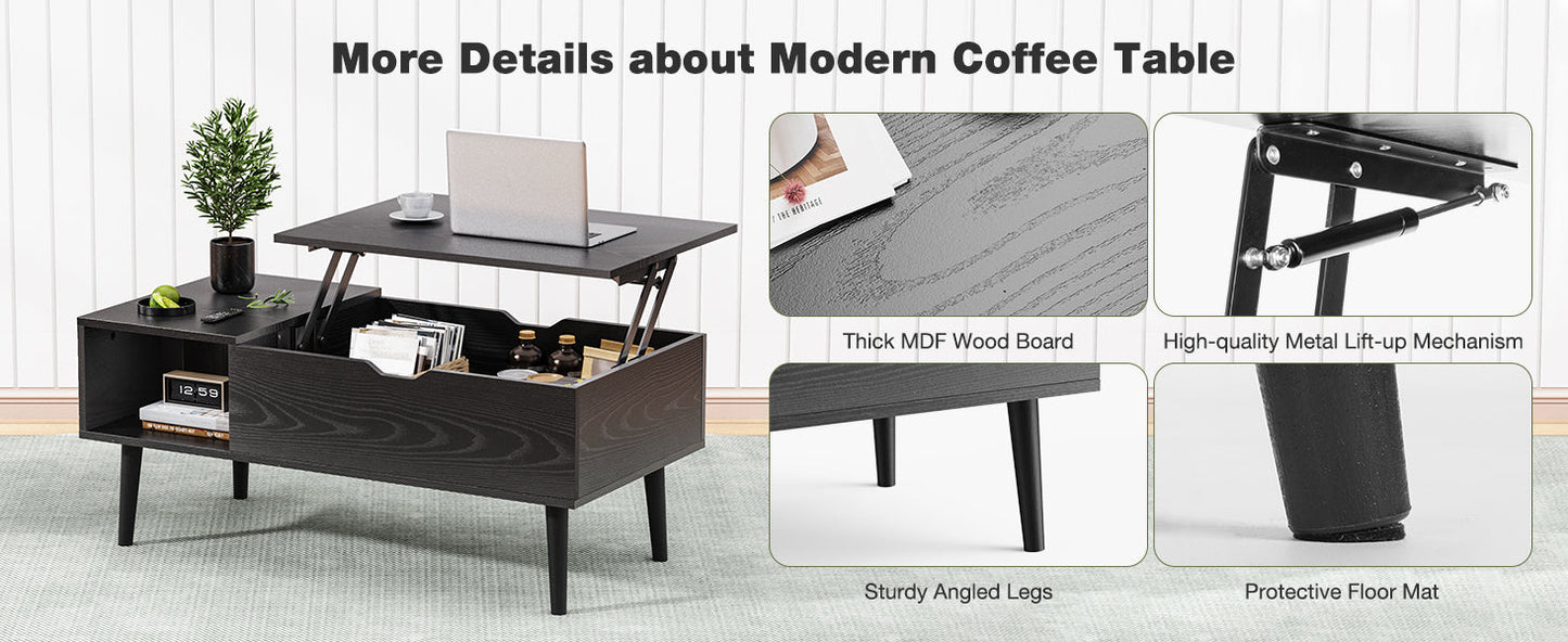 OLIXIS Wood Lift Top Coffee Table with Hidden Compartment and Large Storage Shelf, Lift Tabletop Dining Center Table for Home Living Room Office, Black