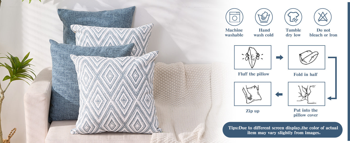 HPUK Decorative Throw Pillow Covers Set of 4 Square Couch Pillows Linen Cushion Cover for Couch Sofa Living Room, 18"x18" inches, Blue