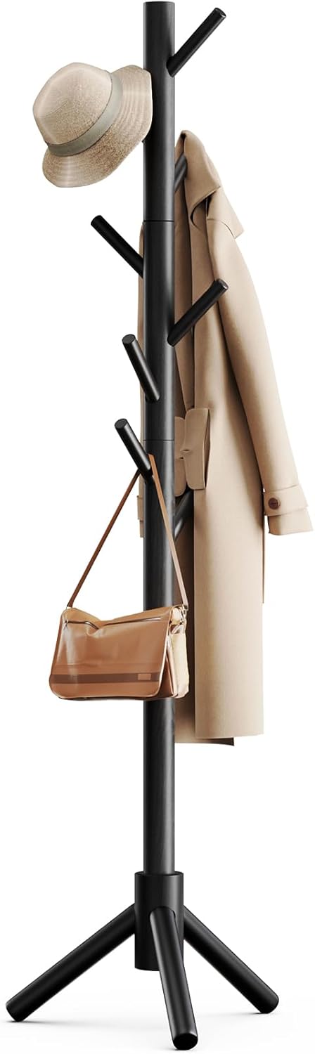 Sturdy Wooden Coat Tree with 8 Hooks, 3 Adjustable Sizes for Clothes, Hat Stand Used in Bedroom/Office/Entryway, Brown