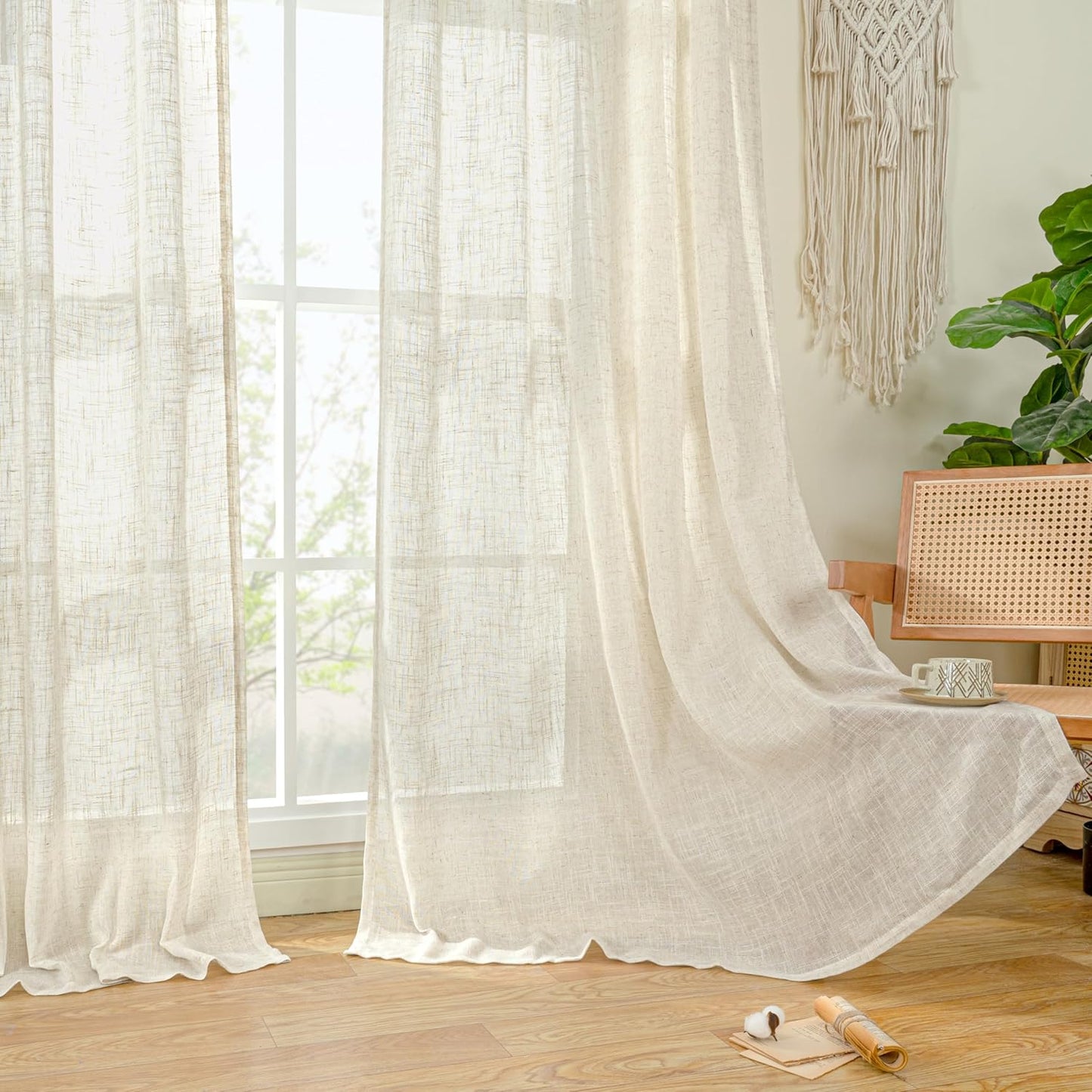 Natural Ivory Linen Semi Sheer Curtains 84 inch Length, Cream Light Filtering Soft Thick Neutral Living Room Drapes with Bronze Grommet for Bedroom/Farmhouse, 2 Panels, 52 x 84 Inch