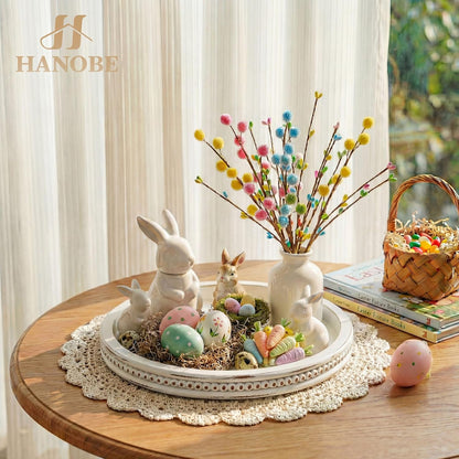 Round Wooden Decorative Tray: White Washed Bead Tray Decor for Coffee Table Centerpiece Rustic Farmhouse Tray for Kitchen Counter Living Room Decoration
