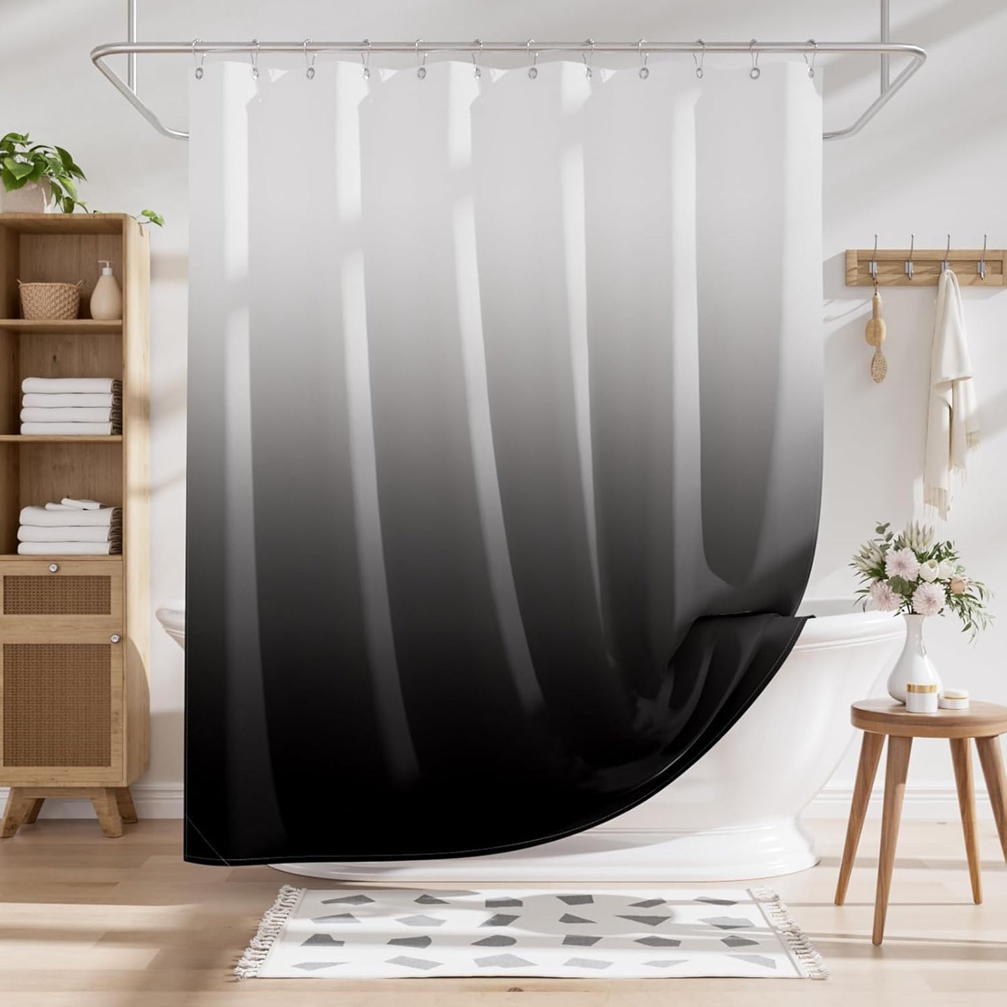 Shower Curtain, Cloth Ombre Black Shower Curtain Set with 12 Hooks, Washable Fabric Black and White Shower Curtain, Rustic Farmhouse Bathroom Shower Curtain, 72x72 Inches