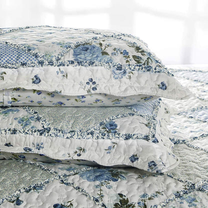 Blue Floral Patchwork Quilt Set, Full Queen Size, 3 Piece Bedding Set with 2 Pillowcases | Blue Patchwork Quilt, Queen Size Bedspread, Reversible Quilt Set, Floral Quilt Set, Patchwork Quilt Set, Queen Comforter Set