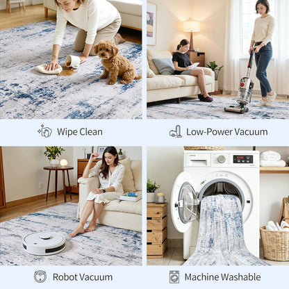 Area Rug Living Room Rugs: 5x7 Large Soft Indoor Carpet Modern Abstract Rug with Non Slip Rubber Backing for Under Dining Table Nursery Home Office Bedroom White Gray Blue