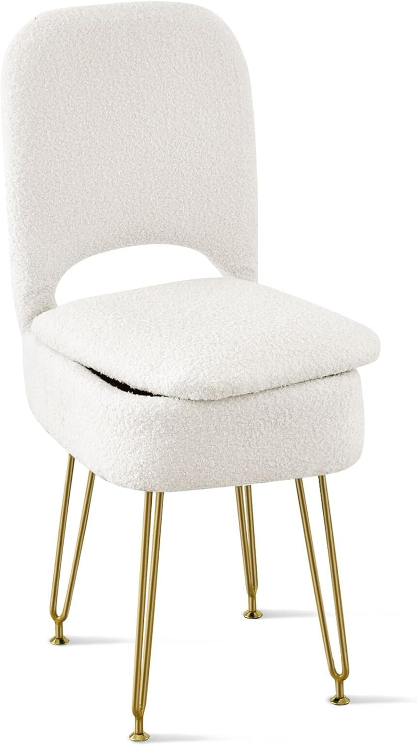 Vanity Chair with Storage and Folding Back, Faux Fur Square Storage Chair, Vanity Stool Chair with 4 Metal Legs for Bedroom, Living Room and Makeup Stations, 13.4"x 15"x 30", White