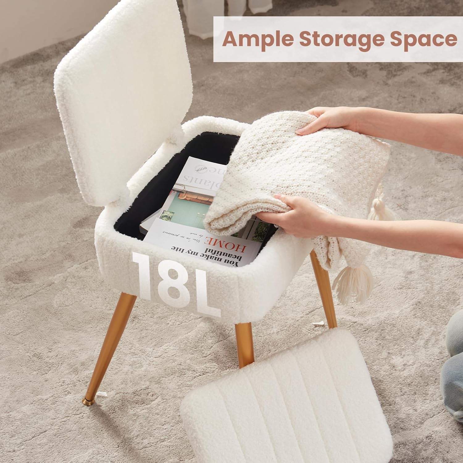 Vanity Chair, Storage Ottoman with Folding Back & Gold-Toned Metal Legs, Ottoman Seat with Teddy Velvet for Dressing Room Living Room Bedroom, 16" x 12.5" Inch