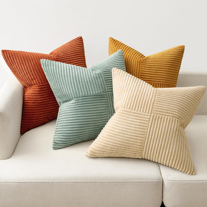 Teal Orange Decorative Throw Pillow Covers 18x18 Inch Set of 4 Boho Corduroy Striped Cushion Cases Modern Farmhouse Patchwork Pillow Cases for Couch Sofa Bedroom Home Decor