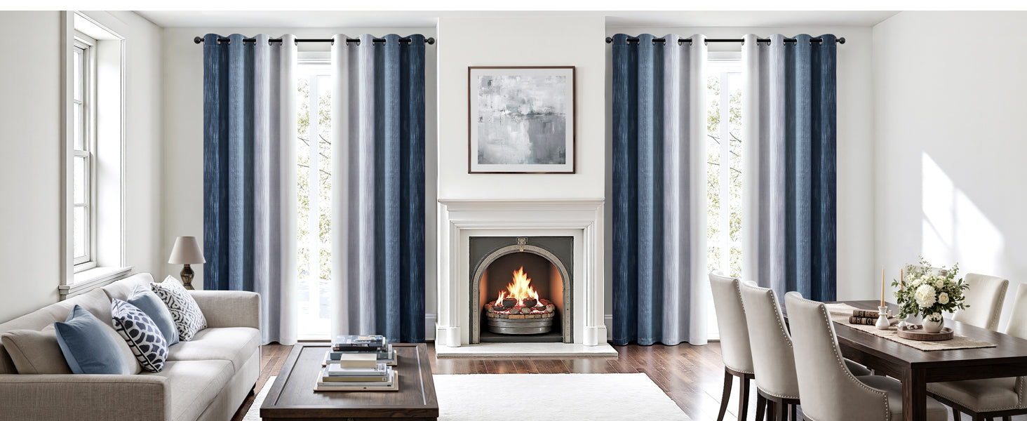 Ombre 100% Blackout Curtains, Navy Blue and Greyish White Full Room Darkening Thermal Insulated 84 Inches Long Drapes for Bedroom/Living Room Grommet Window Treatments Modern 52Wx84L, Set of 2