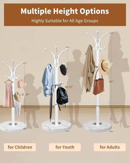 Metal Coat Rack with Natural Marble Base,360°Rotary Coat Rack Stand with 14 Hooks,Modern Freestanging Coat Racks,White Coat Jacket Hanger Clothes Tree Stand for Entryway,Corner