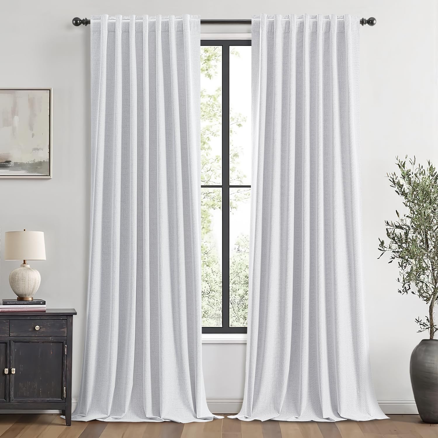 100% Blackout Linen Curtains for Bedroom, Ivory Solid Luxury Decor Thermal Insulation Room Darkening Drapes for Living Room Nursery Back Tab Rod Pocket 42 x 84 Inches, 2 Panels
