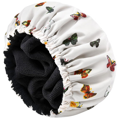 Shower Cap for Women Terry Lined Bath Cap Large Reusable Waterproof Elastic Band Pink Shower Caps for Long Thick Hair Soft Bath Shower Hair Caps