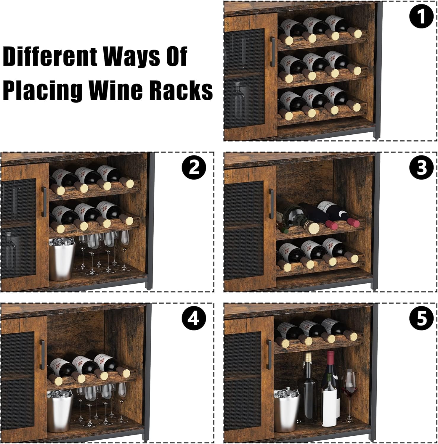 3-Tier Wine Bar Cabinet with Detachable Wine Rack and Storage Space, Buffet Cabinet with Glass Holder and Mesh Door, for Kitchen, Living Room and Bar .Rustic Brown.