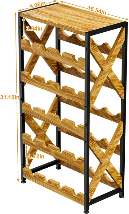 20 Bottle Wine Rack Freestanding Floor with Wood Top,Wobble-Free 5 Tier Wine Display Storage Stand Shelf,Stackable Modular Wine Bottle Holder Rack for Kitchen,Cellar,Living Room