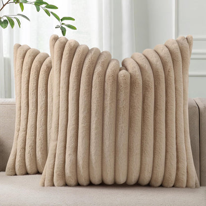 Pallene Faux Fur Plush Throw Pillow Covers 18x18 Set of 2, Luxury Soft Fluffy Striped Decorative Pillow Covers for Sofa, Couch, Living Room, Cream White